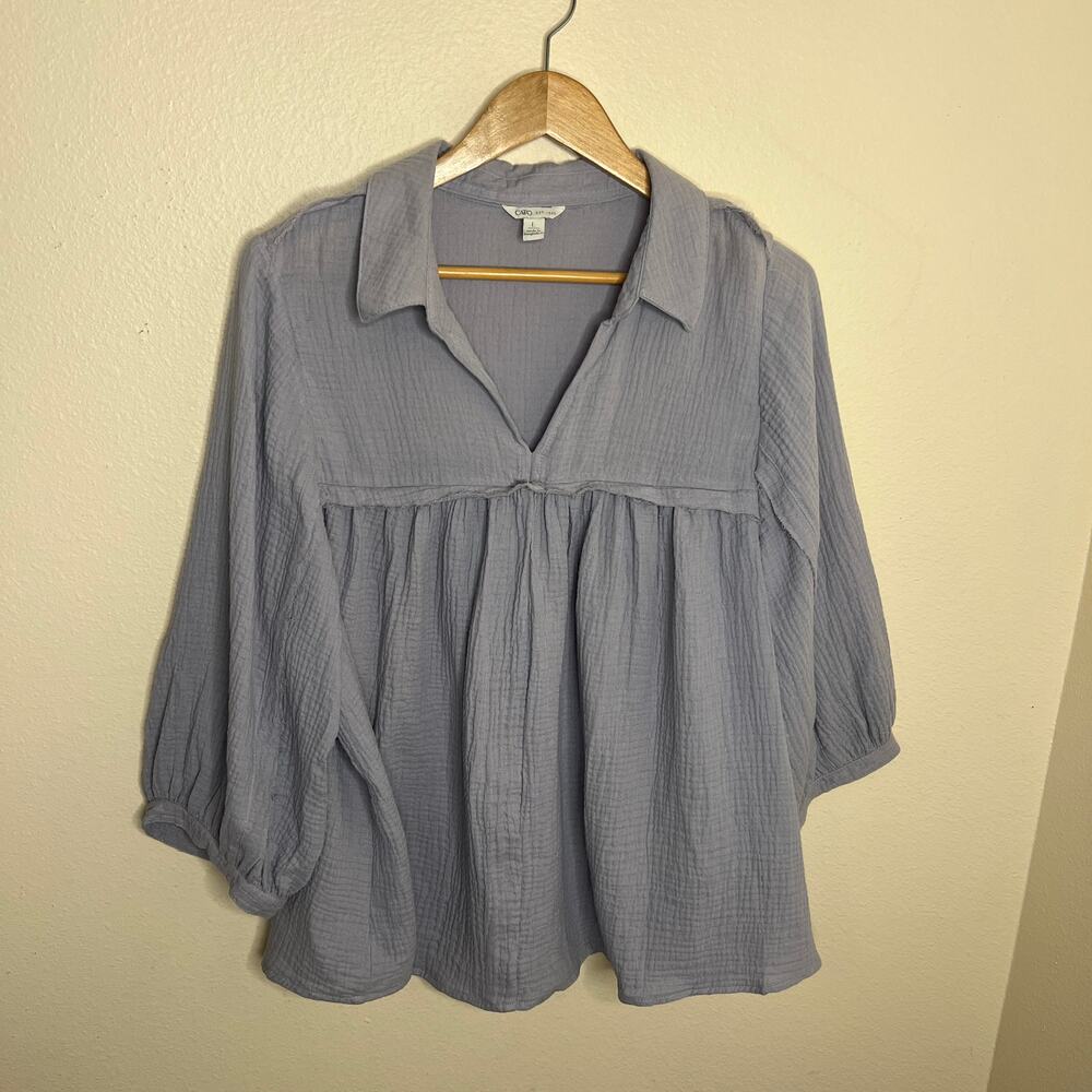 Cato Gray Babydoll Blouse Balloon Sleeves Raw Hem Large